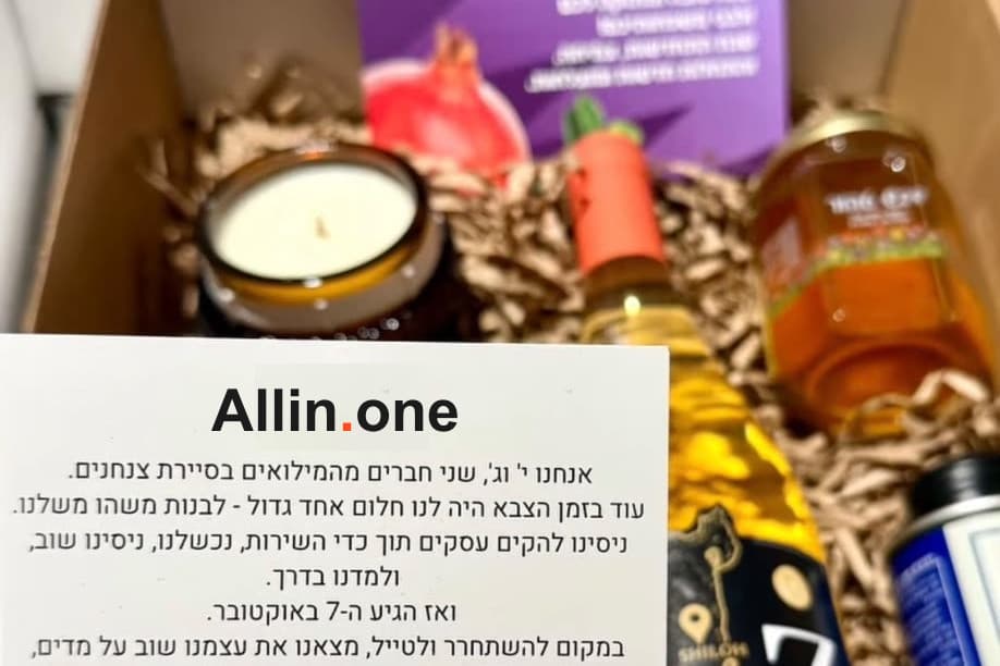 מארז ראש השנה פתוח: נר, צנצנת דבש, בקבוק יין וכרטיס מהספק